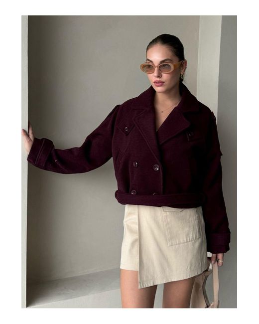 Laluvia Red Burgunderfarbene Kurze Kaschmirmantel Mit Gürtel – 9495 Für Damen