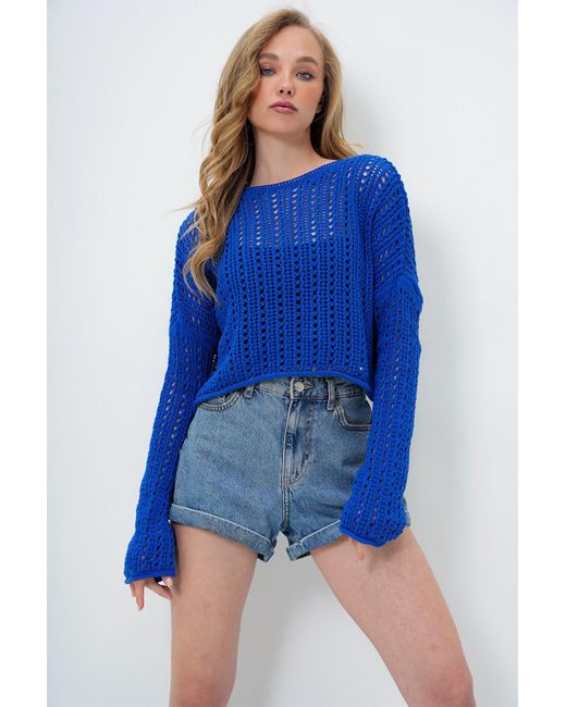 Trend Alaçatı Stili Blue Saks U-Boot-Ausschnitt Loch Durchbrochene Strickwaren Sommerbluse Für Damen