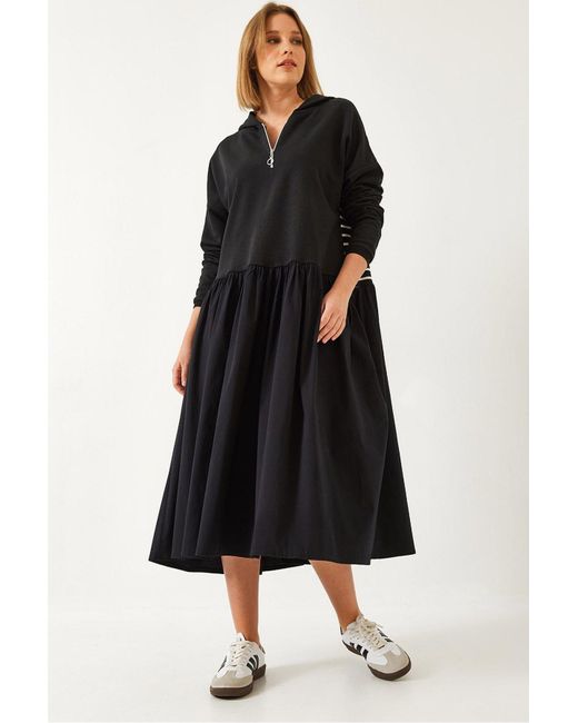 Bianco Lucci Black Kapuzenpullover Mit Halbem Reißverschluss Und Streifen Hinten, Langes Kleid 8150 Für Damen