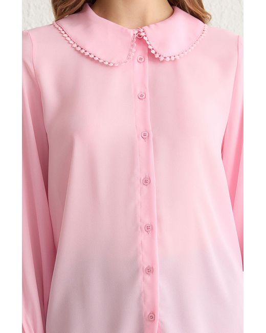 Trendyol Pink Hellrosa, Detailliertes, Gerüschtes, Gewebtes Hemd Mit Revers Für Damen