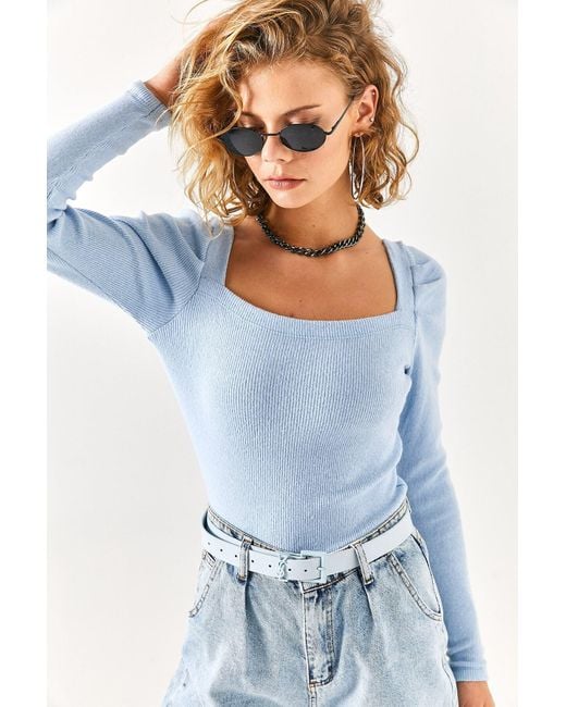 Olalook Blue Babyblaue, Plissierte Schalbluse Mit Quadratischem Kragen Und Ärmeln Für Damen