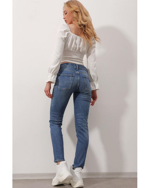 Trend Alaçatı Stili Blue Blaue Skinny Jeans Mit Hoher Taille Und Fünf Taschen Im Vogelaugen-Design Für Damen