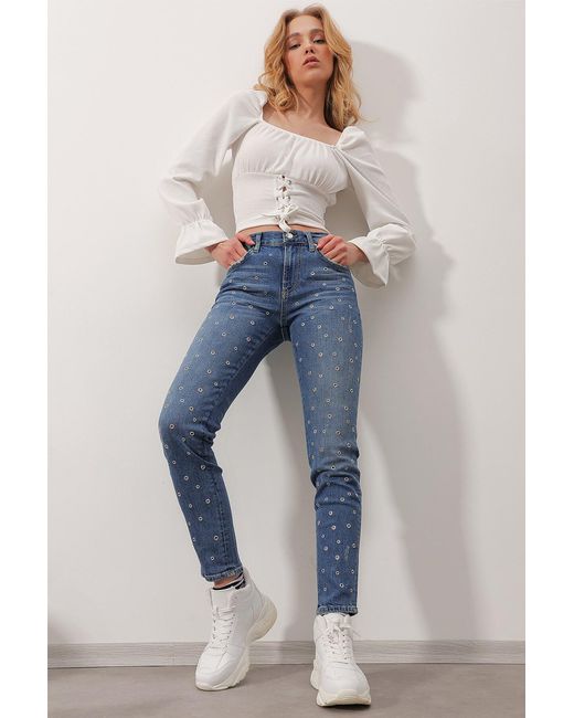 Trend Alaçatı Stili Blue Blaue Skinny Jeans Mit Hoher Taille Und Fünf Taschen Im Vogelaugen-Design Für Damen