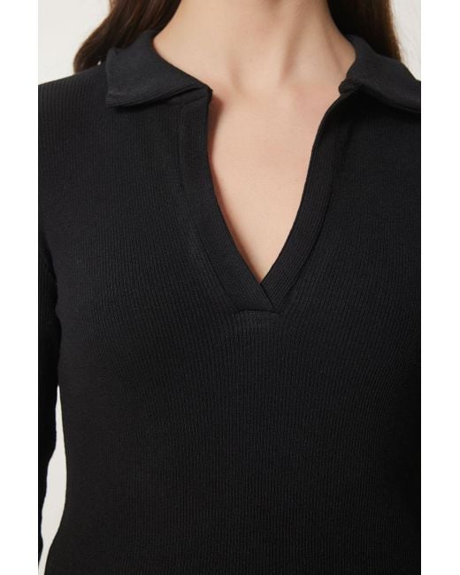 Happiness İstanbul Black 2-Teilige, Gerippte Strickbluse Mit Polokragen