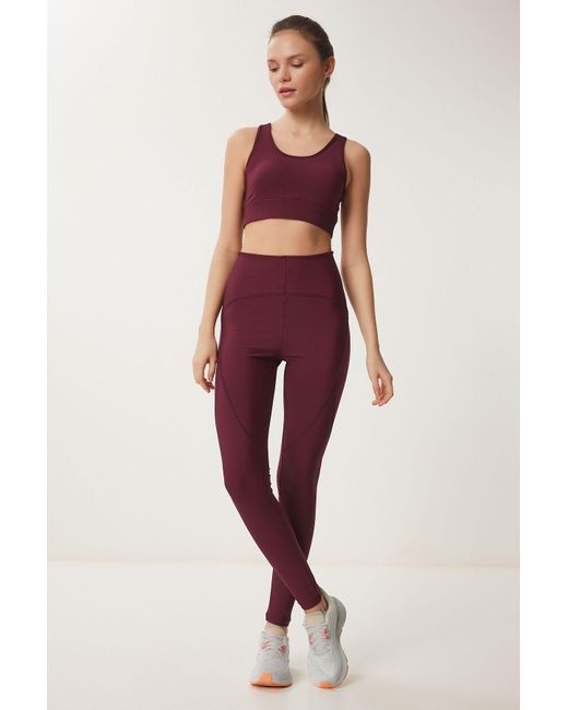 Happiness İstanbul Purple Burgunderfarbener Gestrickter Sport-Bh – Stütze Und Shapewear, Rückendetails Für Damen