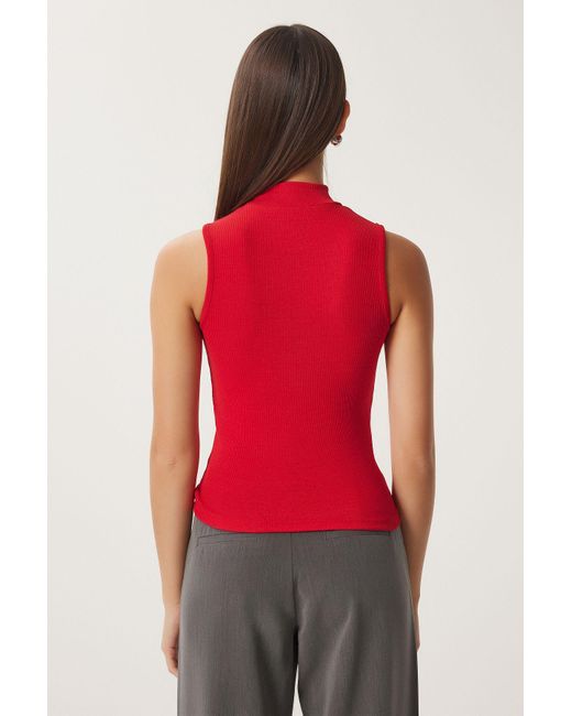 Happiness İstanbul Red Grau Melange Rollkragenpullover Ärmellos 2Er-Pack Strickbluse Für Damen