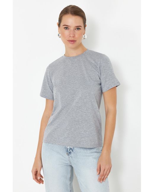Trendyol Multicolor Schwarz-grau melange-mint 3er-pack 100% baumwolle rundhals regular fit strick-t-shirt