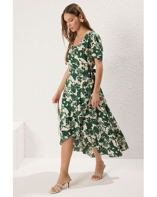 Trendyol Green Blumen-Midi-Webkleid Mit Grüner Schärpe Für Damen