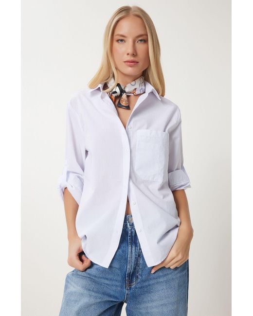 Happiness İstanbul White Weiße Asymmetrische Fiktion Mit Details Für Gewebtes Hemd Für Damen