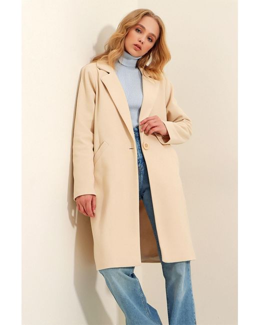 Trend Alaçatı Stili Natural Wintermantel Mit Zwei Taschen Und Futter