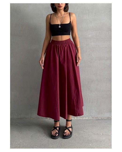 BEJNA Red Burgunderroter, Gewebter, Ausgestellter Rock Mit Elastischer Taille Für Damen