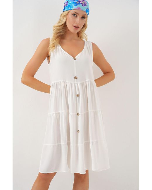Bigdart White Zero Sleeve Button Short Dress 2571 Weiß Für Damen