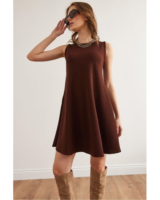Olalook Brown Braunes, Ausgestelltes Strickkleid Aus Crêpe Mit Rundhalsausschnitt Elb- 19002347 Für Damen