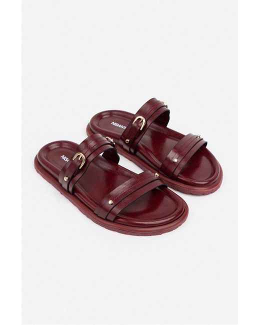 NİŞANTAŞI SHOES Multicolor Zizi Burgundy Matte Schnalle Detaillierte Doppel Band Flache Sohle Hausschuhe Für Damen