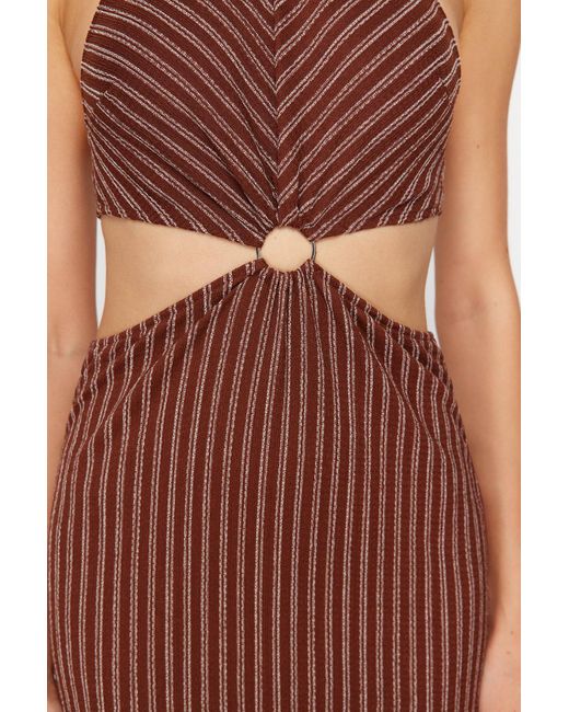 Trendyol Brown Gestreiftes maxi-strandkleid aus strick mit accessoires