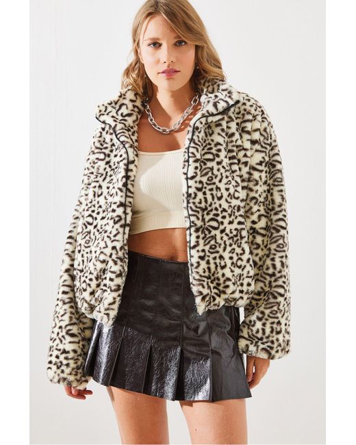 Bianco Lucci Natural Mantel Aus Kunstfell Mit Leopardenmuster – 2426 Für Damen