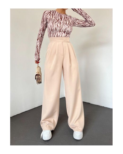 Modamorfo Natural Beigefarbene, Plissierte Hose Mit Weitem Bein Und Klettverschluss Für Damen