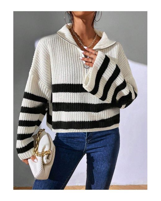 Know Blue Schwarz Gestreifter Weißer Strickpullover – Halber Reißverschluss, Schulterfrei Für Damen