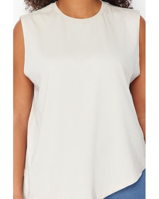 Trendyol White Steinfarbenes, asymmetrisches strick-t-shirt aus 100 % baumwolle, nachhaltiger