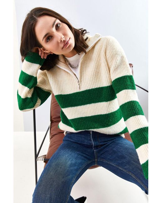 Bianco Lucci Green Rollkragenpullover Mit Reißverschluss, Dicken Gestreiften Ärmeln, Knöpfen Und Detailliertem Strickpullover Für Damen