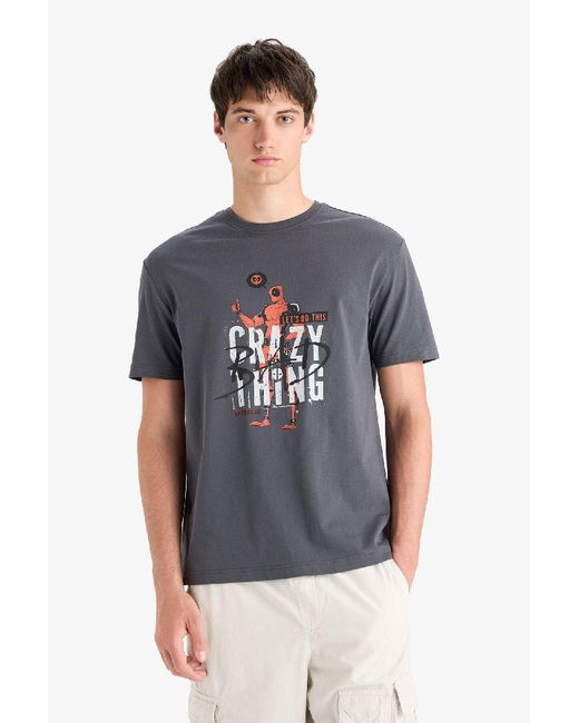 Defacto 100 Baumwolle Deadpool Regular Fit Rundhalsausschnitt Bedrucktes Kurzarm-T-Shirt E3263Ax25Sm Für Herren in Gray für Herren