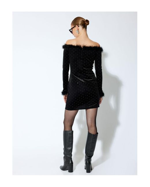 Koton Black Mini-Abendkleid Aus Samt Mit U-Boot-Ausschnitt Und Langen Ärmeln Und Strass-Feder-Detail Für Damen