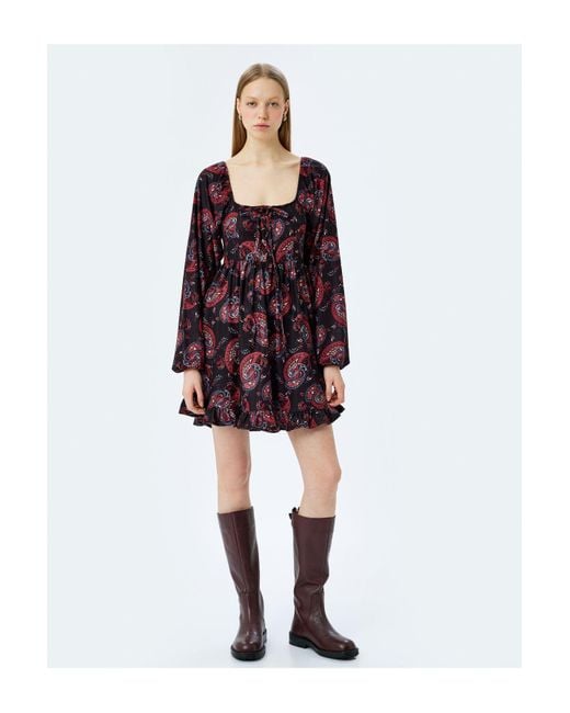 Koton Red Minikleid Mit Schnürkragen Und Langen Ballonärmeln Und Volants Für Damen