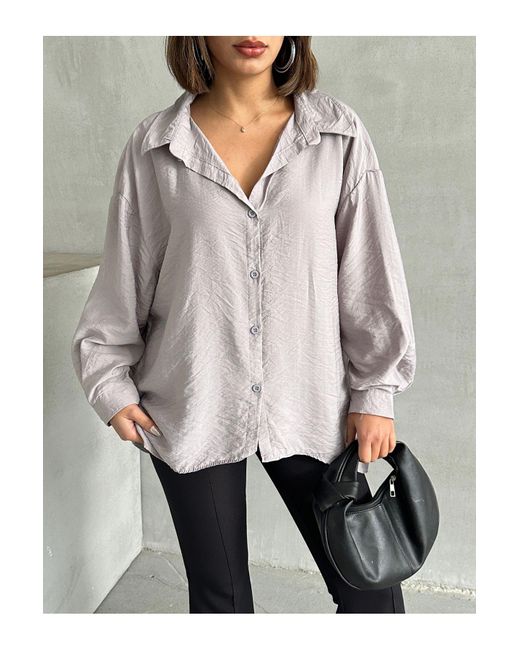 BEJNA Gray Graues, Strukturiertes, Drapiertes Oversize-Hemd Für Damen