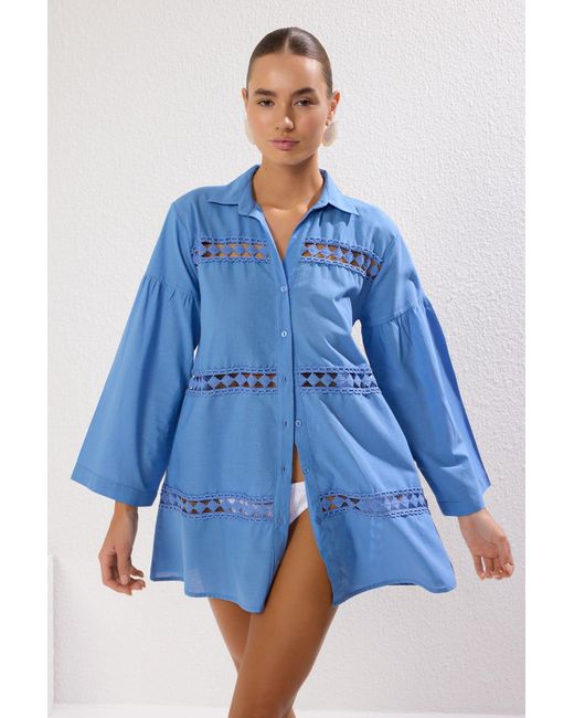 Trendyol Blue Blaues, Einfarbiges, Gewebtes Hemd Aus 100 Baumwolle Für Damen