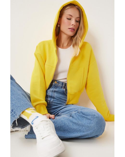 Happiness İstanbul Yellow Gelbes Sweatshirt Mit Kapuze Zipped Für Damen