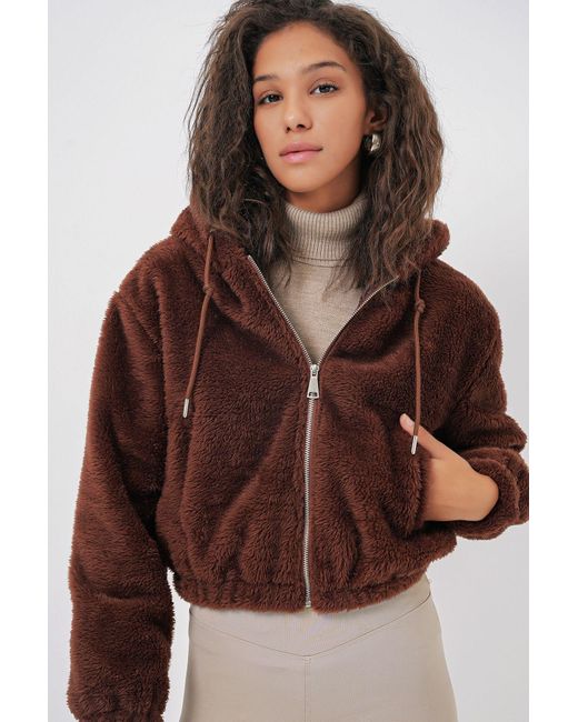 Bigdart Brown 5193 Plüsch-Crop-Jacke Mit Kapuze – Für Damen
