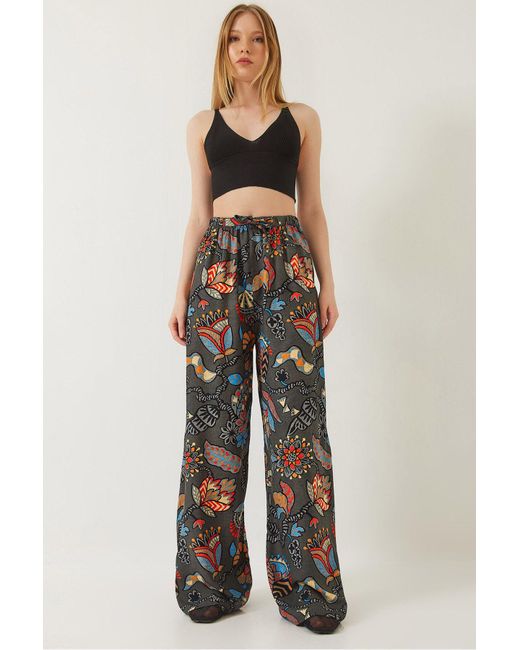 Bianco Lucci Gray Gemusterte Hose Aus Viskose Mit Taillenschnürung Für Damen