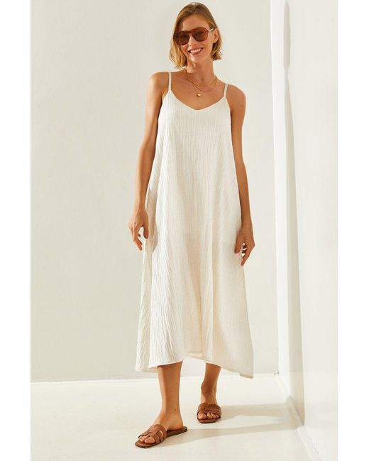 Bianco Lucci Natural Asymmetrisches Basic 164-Kleid Mit Leinenschnitt – Seilträger, Für Damen