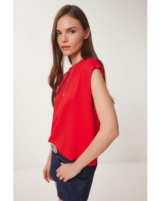 Happiness İstanbul Red Rotes Basic-Strick-T-Shirt Für Damen