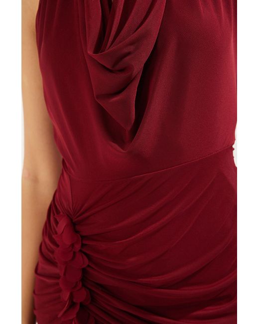 Trendyol Red Burgunderrotes, Drapiertes, Mit Blumen Verziertes, Detailliertes, Mit Tüll Gefüttertes Strickkleid Für Damen