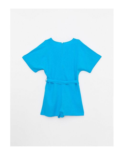 LC Waikiki Blue Gerader Overall Mit V-Ausschnitt Und Kurzen Ärmeln Für Damen