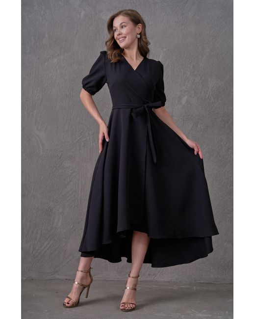 Lovebox Pink Schwarzes, Zweireihiges Midikleid Mit Ausschnitt – Asymmetrisch Geschnittenes, Ausgestelltes Kleid Mit Gürtel 410 Für Damen