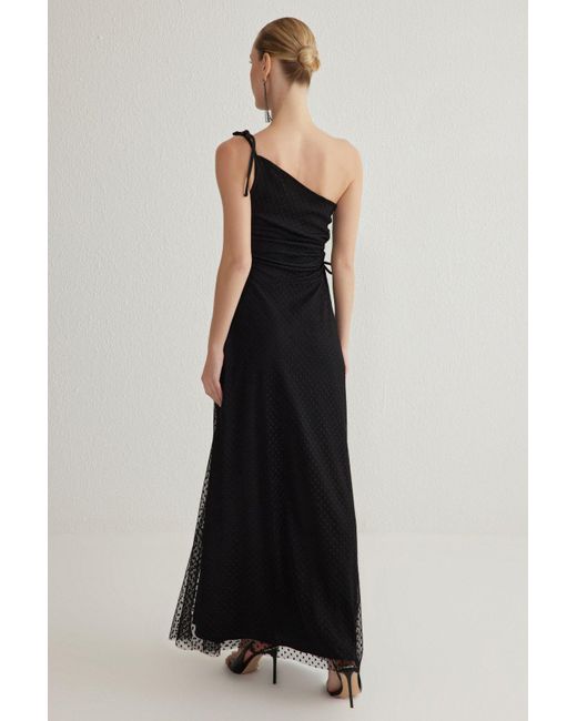 Trendyol Black Schwarzes, Asymmetrisches, Gestricktes, Langes Abendkleid Aus Tüll Mit A-Ausschnitt Für Damen