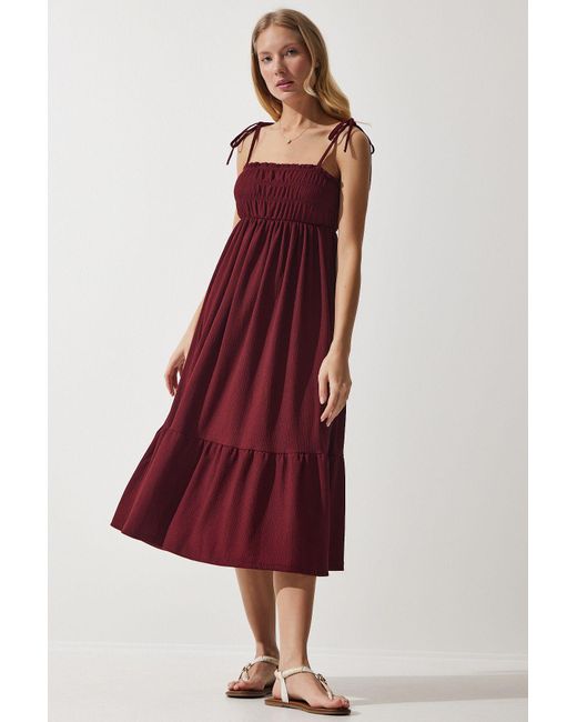 Happiness İstanbul Red Burgunderrotes Crinkle-Strickkleid Mit Trägern, Für Damen
