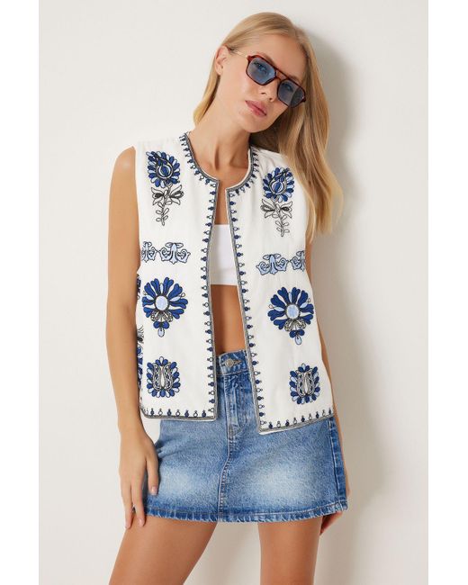 Happiness İstanbul White Ecrufarbene Leinenweste – Blaue Stickerei, Qs00008 Für Damen