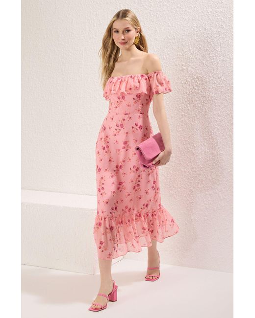 Trendyol Pink Rock Mit Blumenmuster, Gewelltes Midi-Kleid Mit Gewellter Taille Und Gewellter Taille Für Damen
