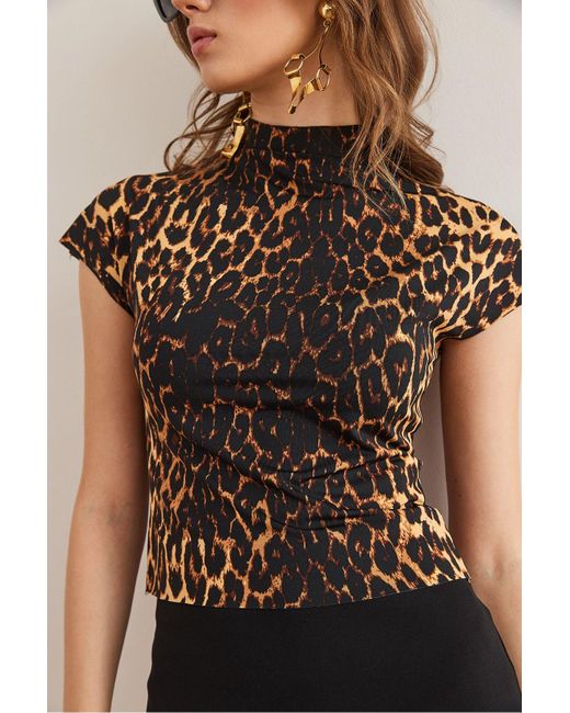 Olalook Black Leopard Stehkragen Fledermaus Crop Micro Bluse Blz- 19002873 Für Damen