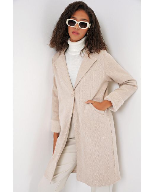 Bigdart Natural 9085 Fischgräten-Kaschmirmantel – M. Creme Für Damen