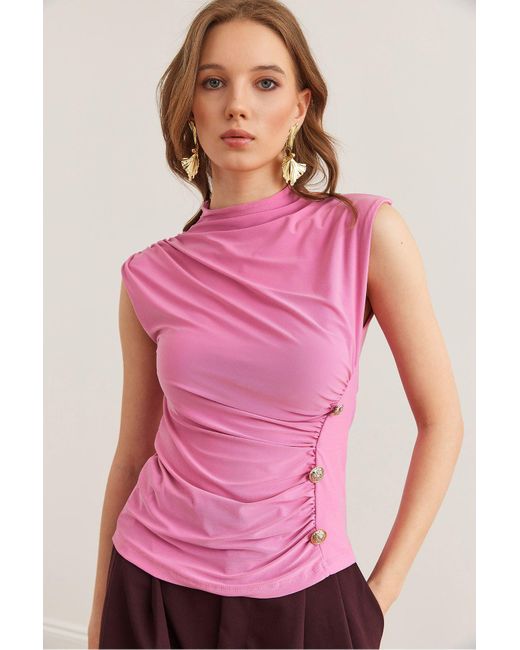 Olalook Pink Drapierte, Detaillierte, Geknöpfte Sandy-Bluse Blz- 19002880 Für Damen