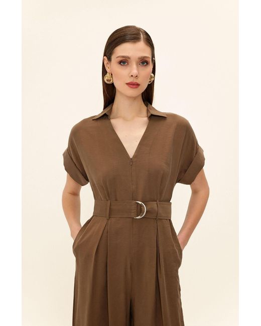 Olcay Natural Kurzärmliger Overall Aus Modal Mit Gürtel Für Damen