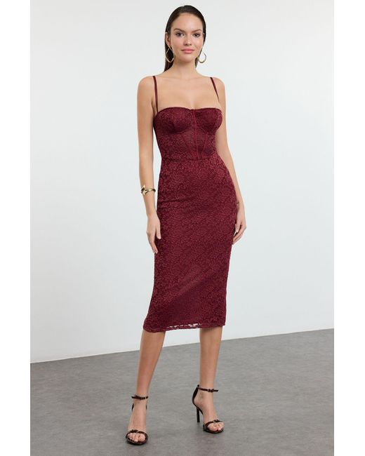 Trendyol Red Burgunderfarbenes, Mit Spitze Gefüttertes, Gestricktes Midikleid Für Damen