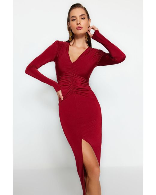 Trendyol Red Burgunderrot Gestricktes Midi-Abendkleid – Für Damen