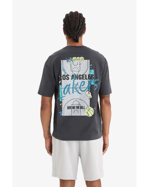 Defacto Fit Nba Los Angeles Lakers Boxy Fit Rundhalsausschnitt Hinten Bedrucktes Kurzarm-T-Shirt Für Herren in Blue für Herren