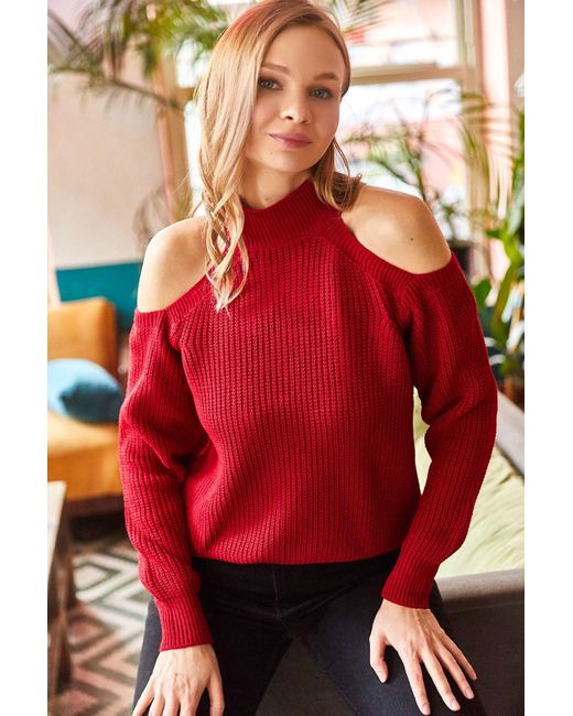 Olalook Red Burgunderroter Pullover Mit Halbhoher Fischerschulter Und Tiefem Ausschnitt, Lässiger Strickpullover Für Damen
