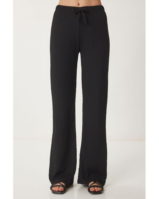 Happiness İstanbul Black Schwarze Strukturierte Sommer-Strickhose Mit Weitem Bein Für Damen